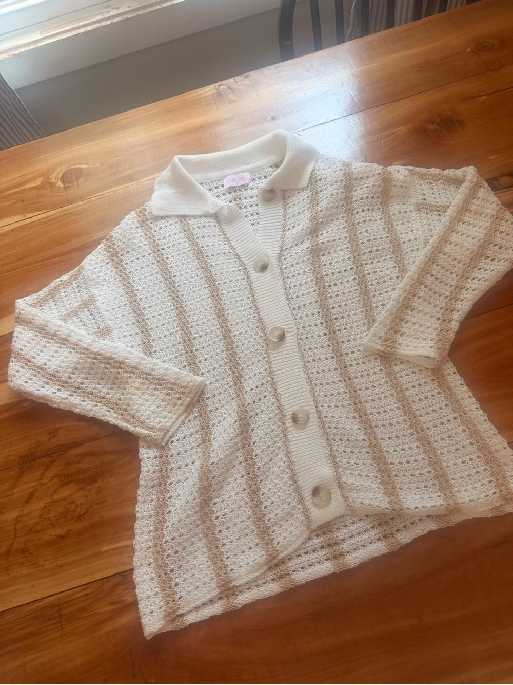 Pink Lily Cream and Tan Striped Crochet Top, size XS, Beachy! 🏝️